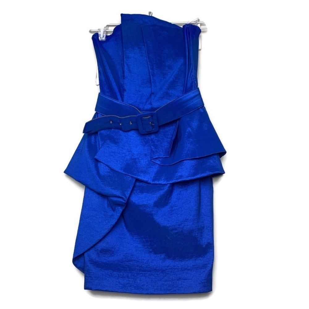 Y2K Va Va Voom Electric Blue Mini Dress Asymmetric Peplum Belted Strapless Sz M